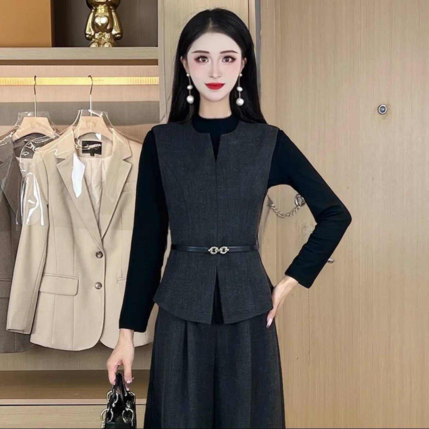 好货高级感时尚西服套装女士春秋新款气质马甲打底衫阔腿裤穿搭一