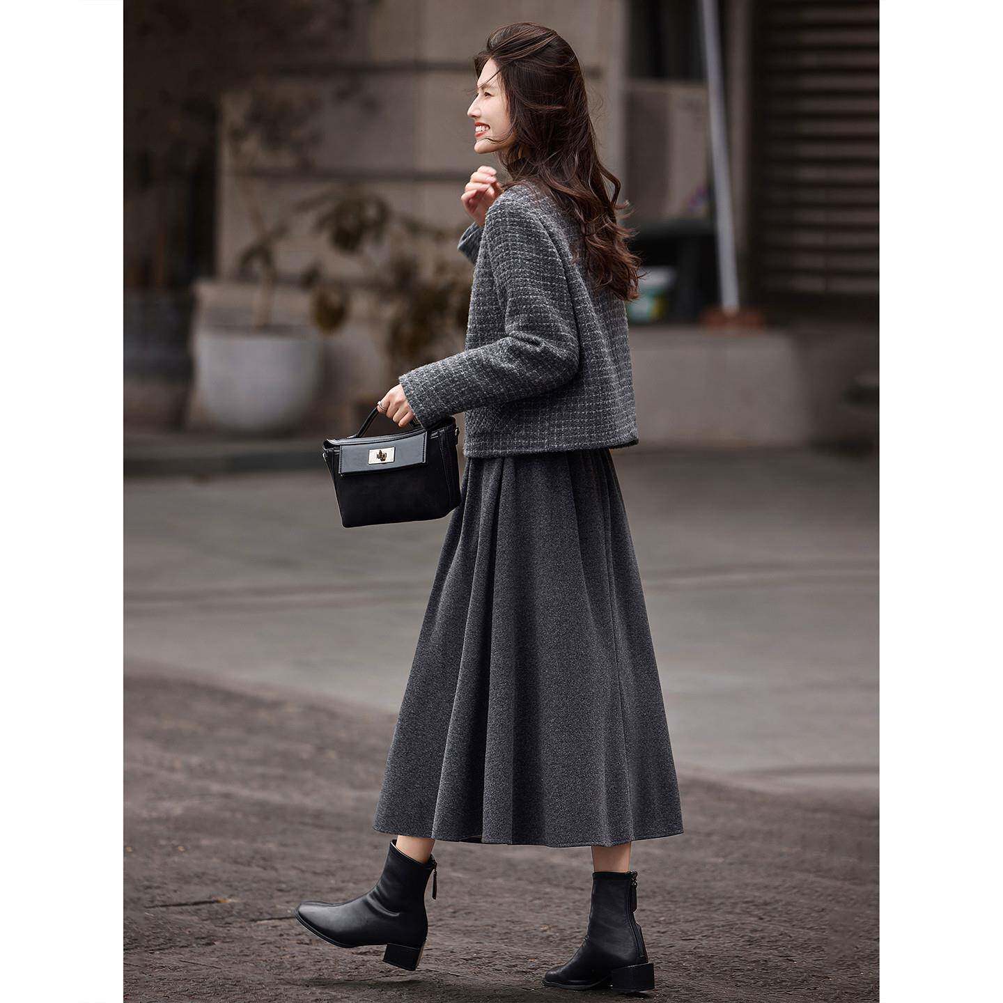 好货圆领毛呢羽绒服半裙套装女年冬季新款女两件套