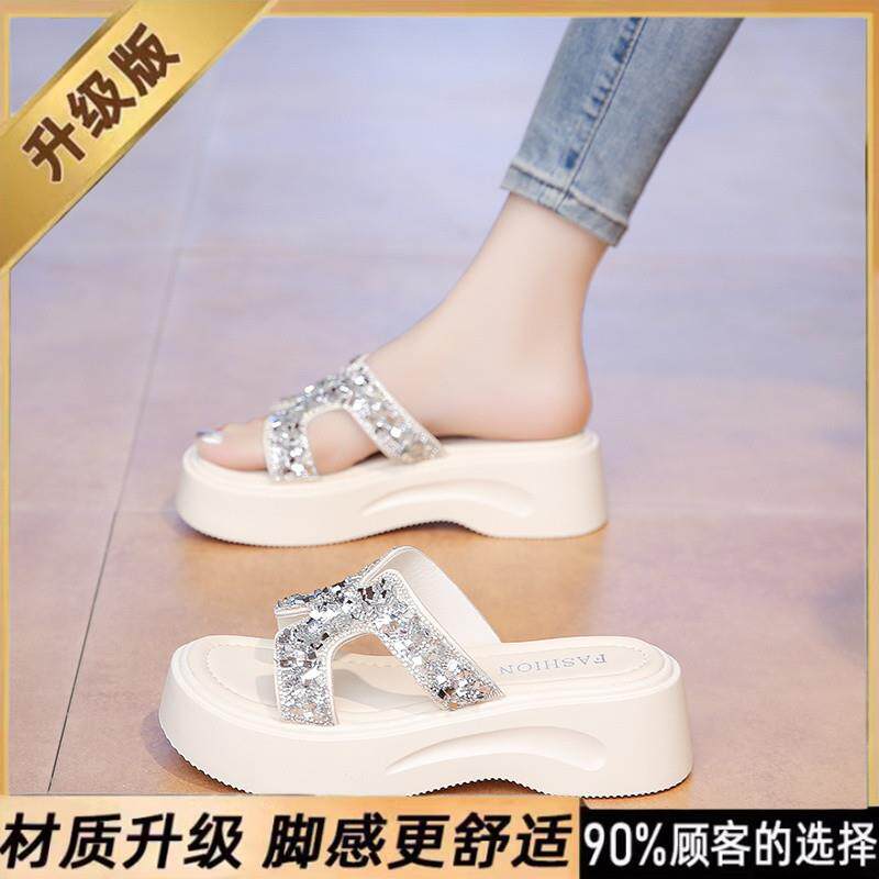 新品时尚亮片凉拖鞋女夏外穿高级感沙滩凉鞋34码厚底配裙子孕妇一