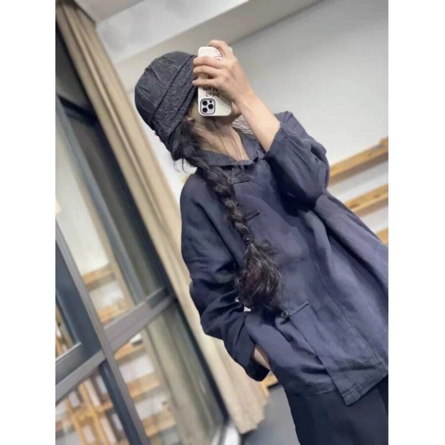 好货春装上新价复古小众翻领棉麻小衫女装新中式纯色休闲气质减龄