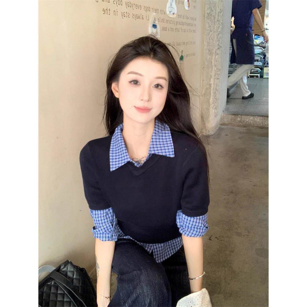 好货高级感Polo领格子衬衫女春秋欧货大码胖mm小众蓝色衬衣内搭打