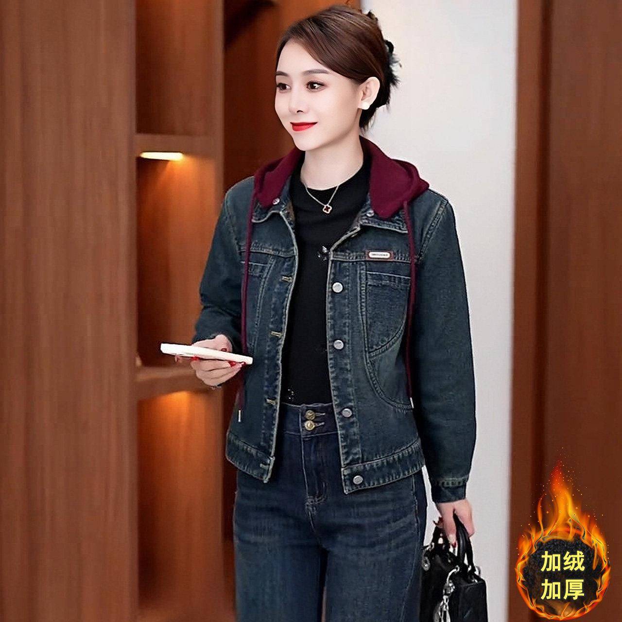 好货假两件加绒牛仔短外套女士秋冬新款时尚休闲夹克外衣保暖加厚