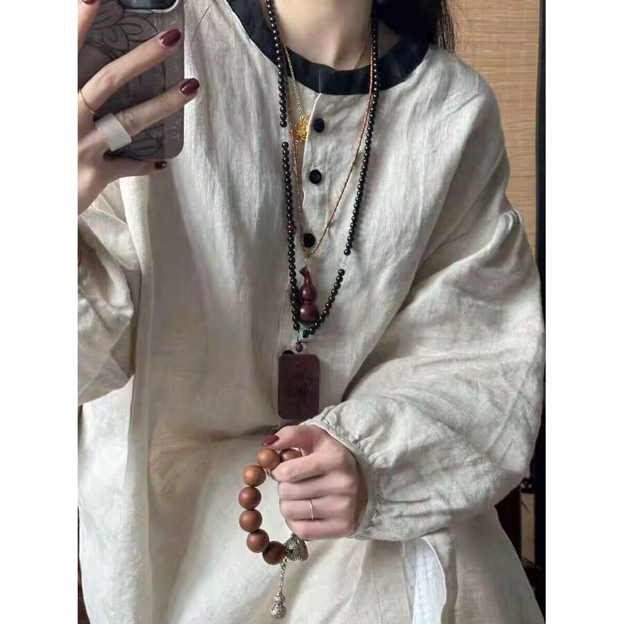 好货春秋款佛系宽松大版型麻色衬衫女装中长款灯笼袖复古休闲衬衫