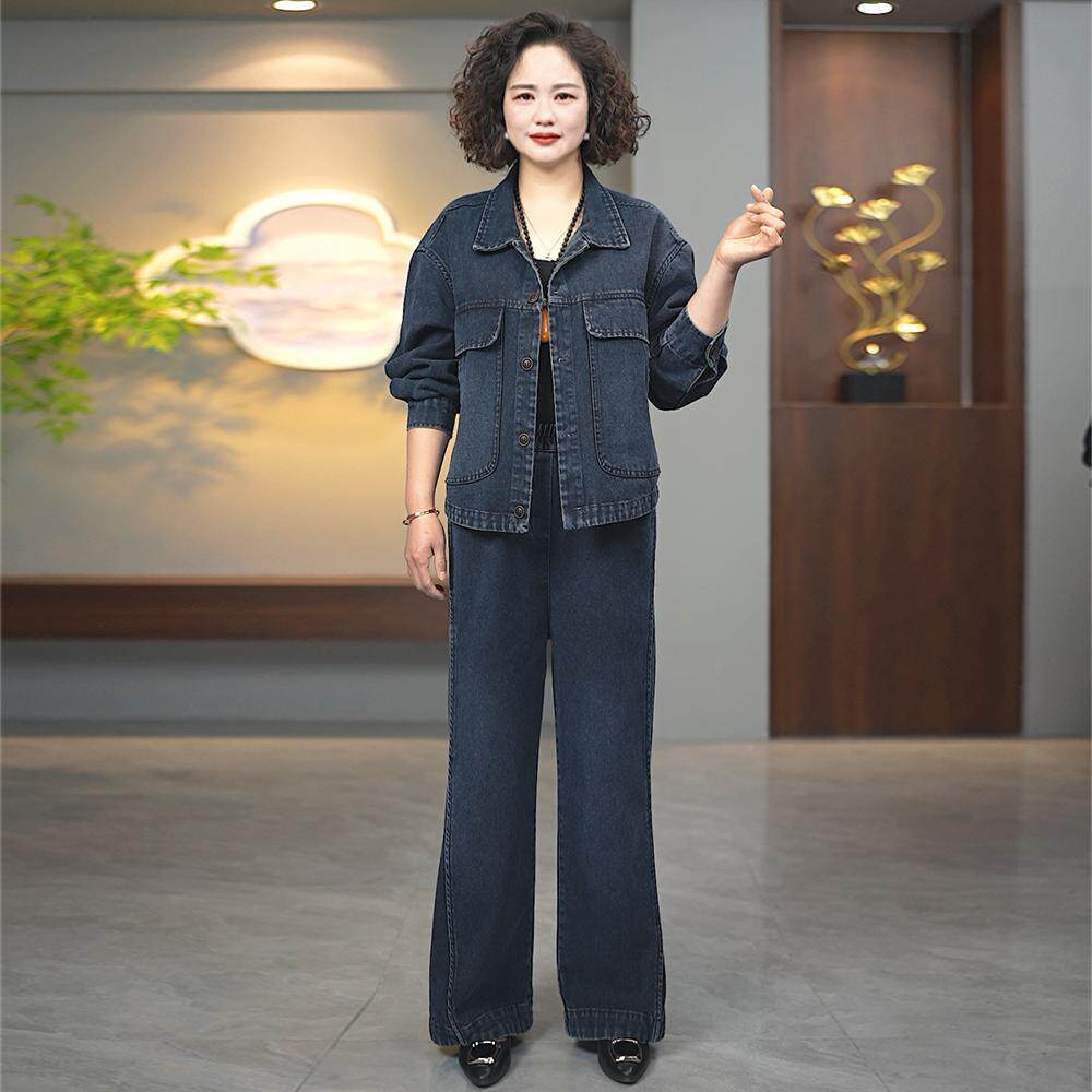 好货今年流行的妈妈春装套装端庄大气中老年女装牛仔外套洋气两件