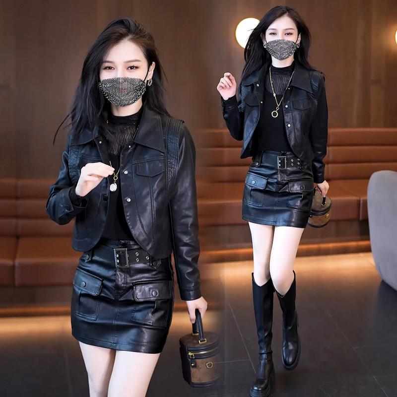 好货时尚洋气短款皮衣外套女春季新款小个子穿搭一整套PU皮夹克上
