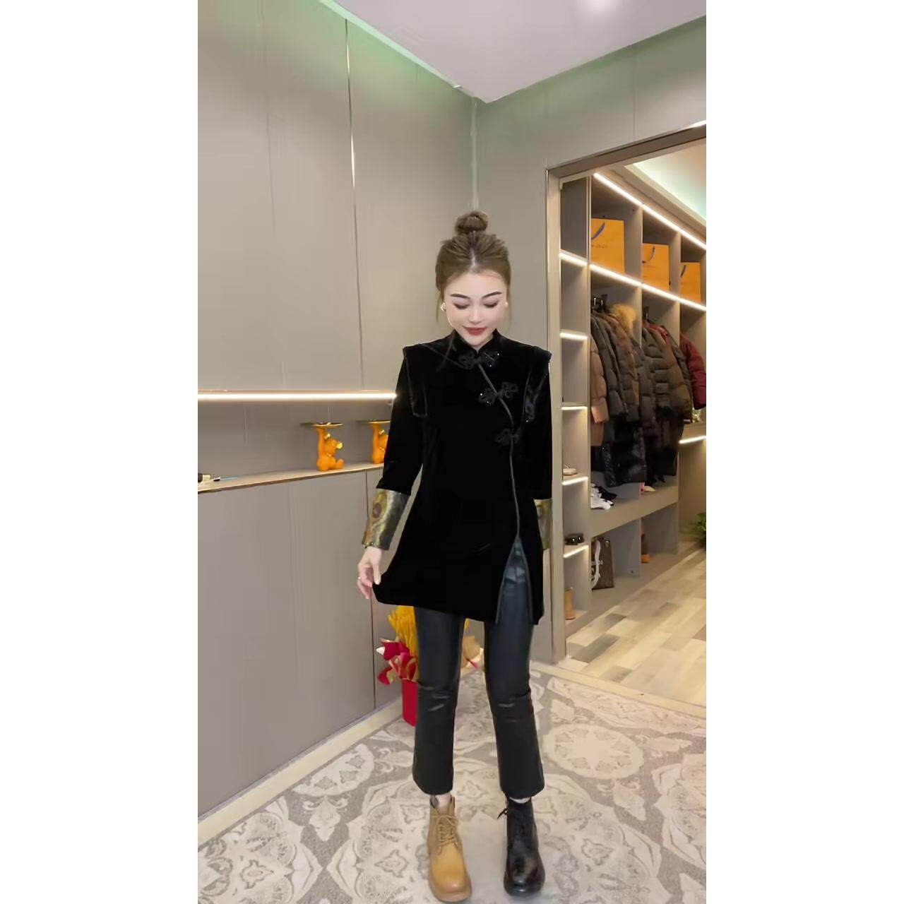 好货2026冬季新款新中式国风丝绒小衫女收腰显瘦气质女神范中长款