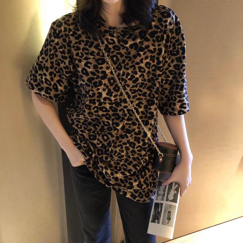 好货磨毛短袖女春秋季2026欧货豹纹t恤大码中长款上衣小众加厚打