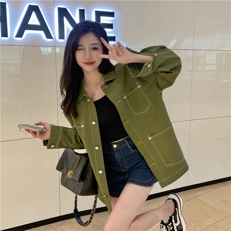 好货工装风军绿色牛仔衬衫秋装女2026年新款长袖衬衣今年流行牛仔