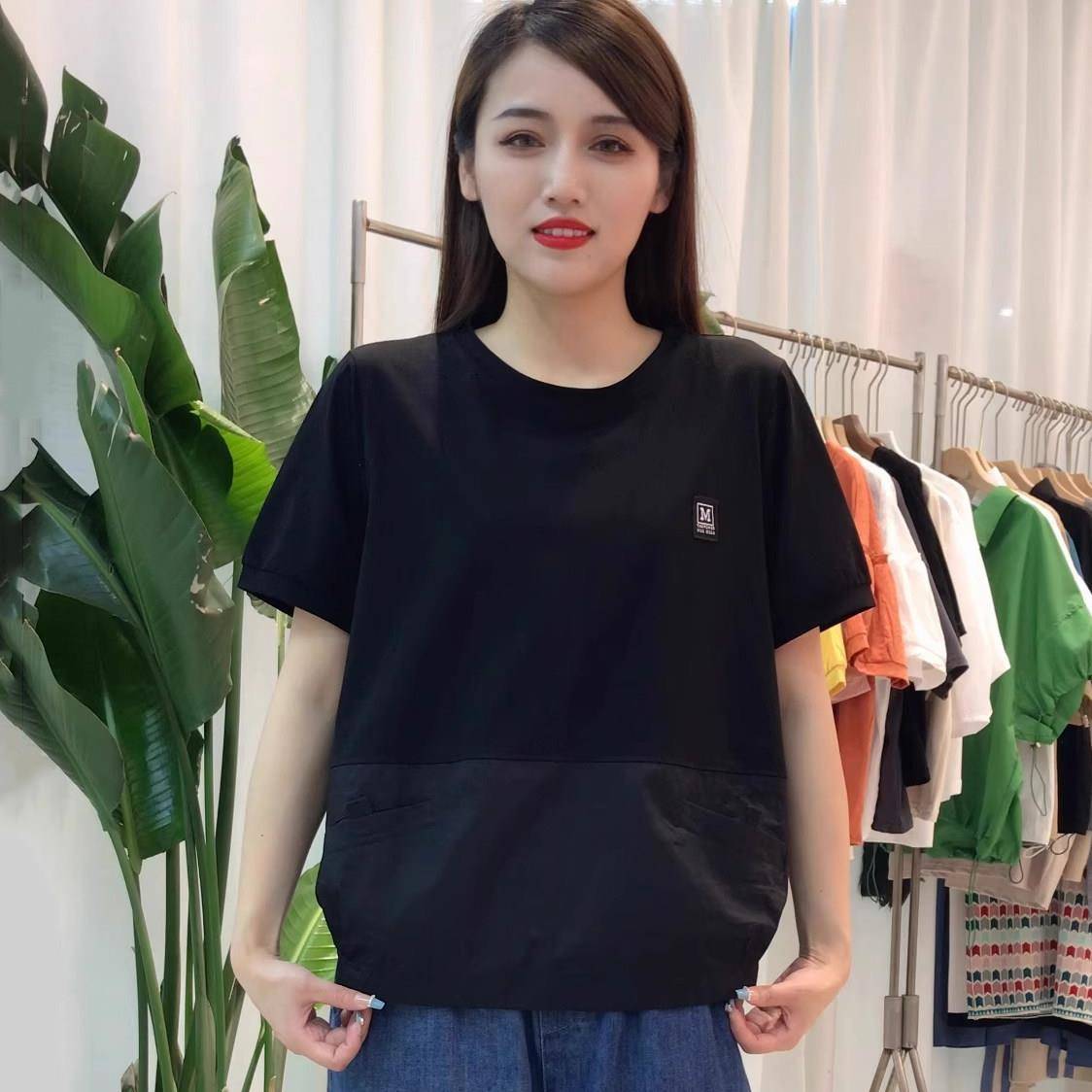 好货高档洋气女士t恤纯棉短袖百搭减龄宽松大码两侧口袋中老年妈