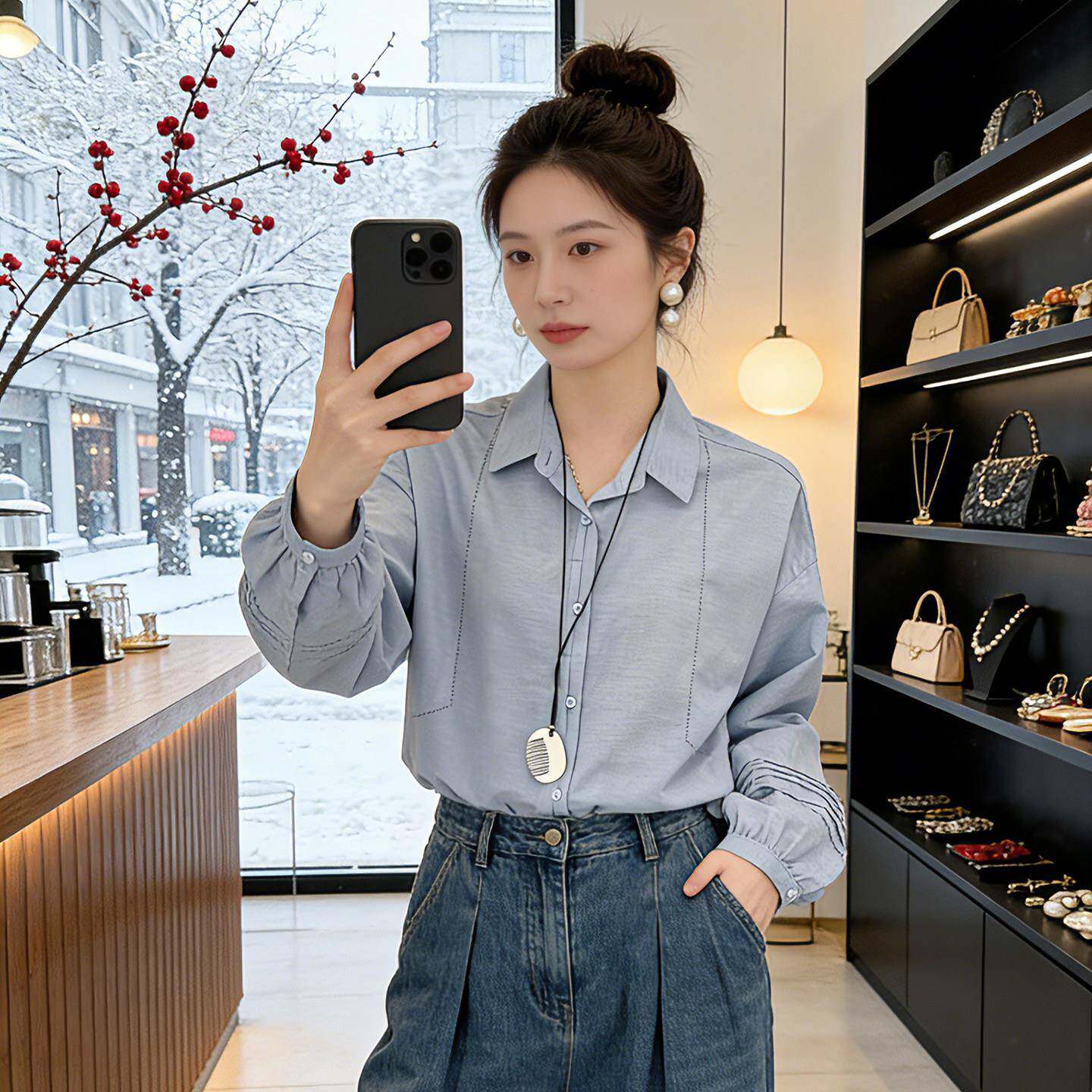 好货春秋新款韩系白色翻领长袖棉麻衬衫女设计感简约通勤上衣