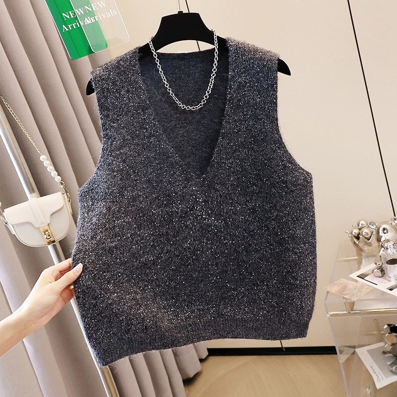 她池亮片马夹2025秋装新款女装V领简约套头宽松款显瘦针织马甲,女装/女士精品,马夹,淘宝优惠券,粉丝福利购,淘宝优惠卷