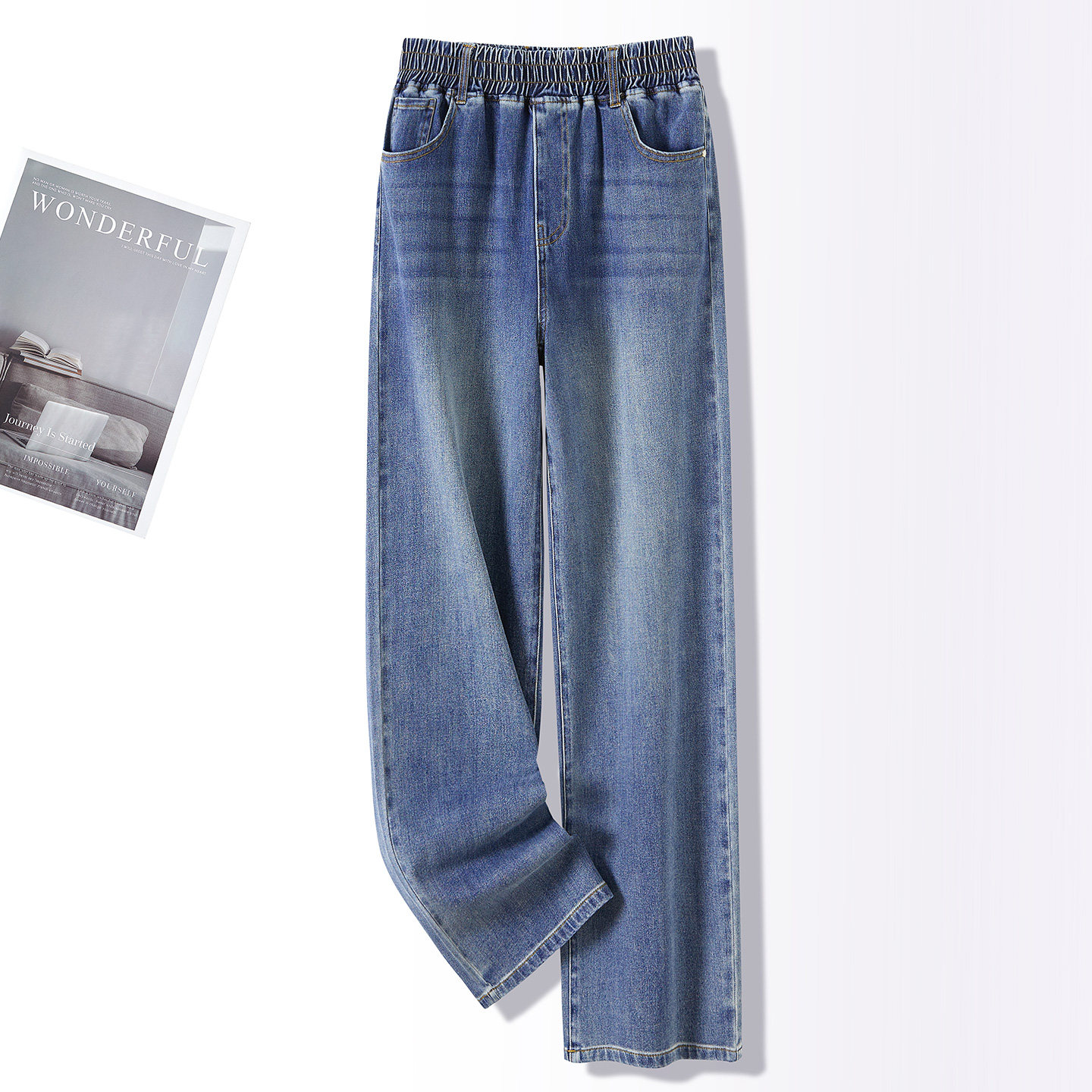 她池高腰牛仔裤2026春装新款女装通勤简约风松紧腰长款垂感直筒裤,女装/女士精品,牛仔裤,淘宝优惠券,粉丝福利购,淘宝优惠卷