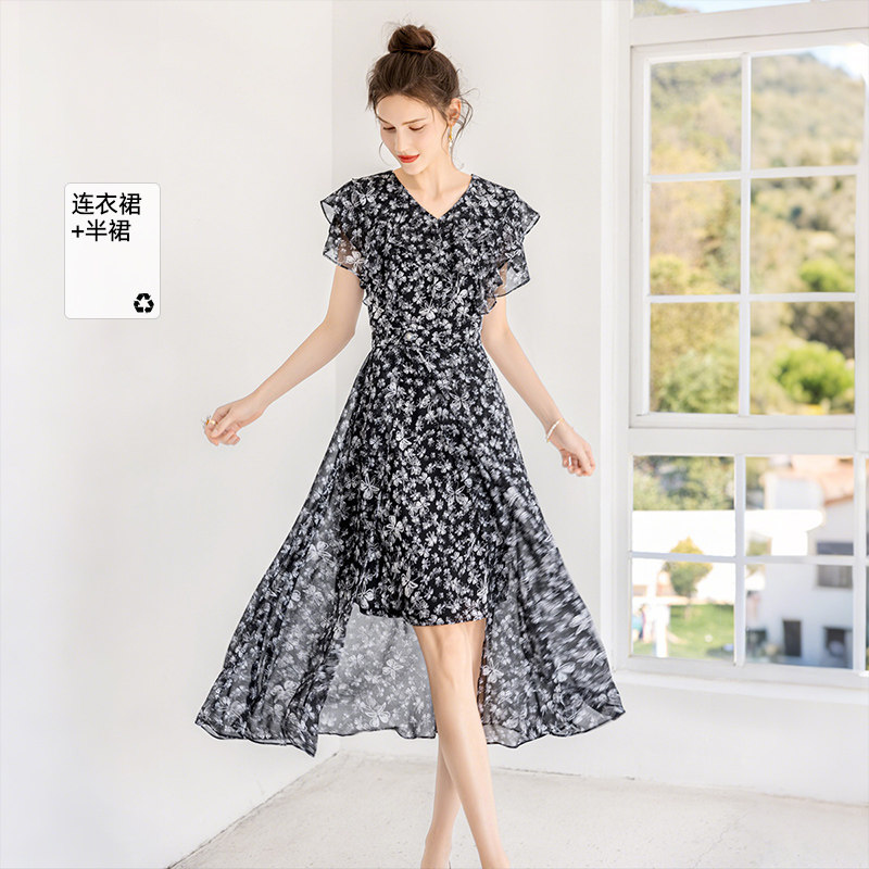 她池时尚套装2026夏装新款女装碎花V领连衣裙搭半身裙气质两件套