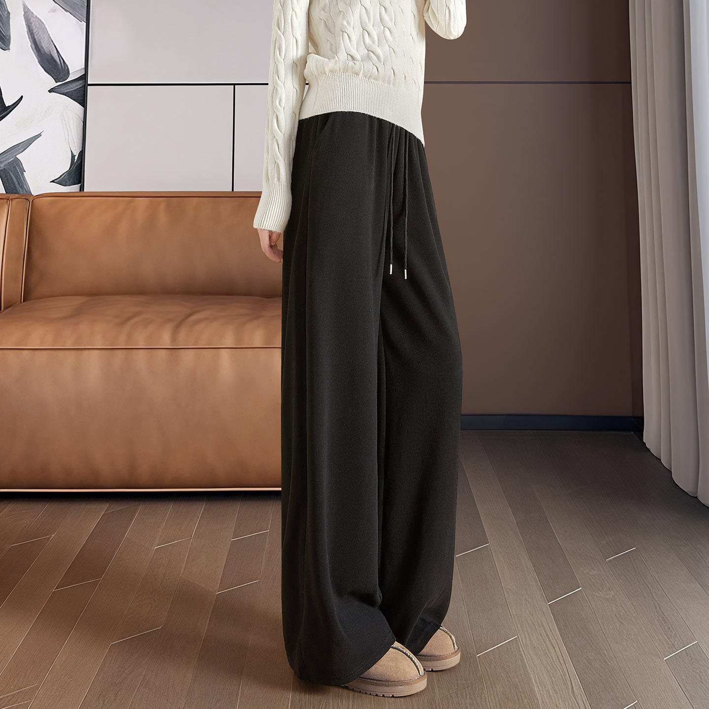 她池高腰休闲裤2025秋装新款女装通勤简约松紧腰长款气质阔腿裤,女装/女士精品,休闲裤,淘宝优惠券,粉丝福利购,淘宝优惠卷