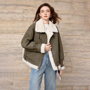 她池PU外套2025冬装新款女装撞色休闲机车风落肩袖宽松款翻领上衣
