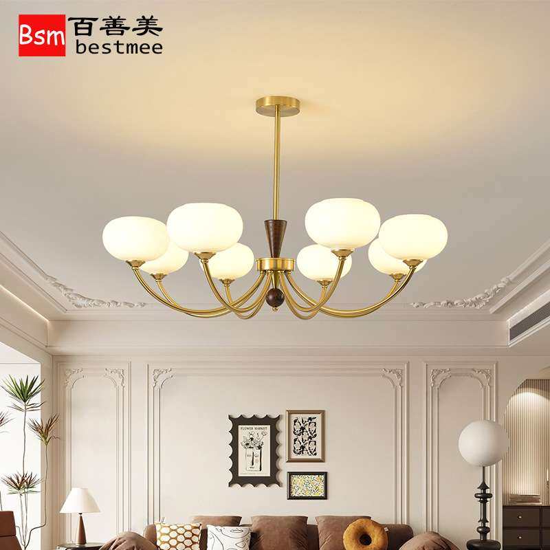 客厅吊灯家装艺灯空间中古柿子灯复古奶油法式大气主卧室胡桃木灯