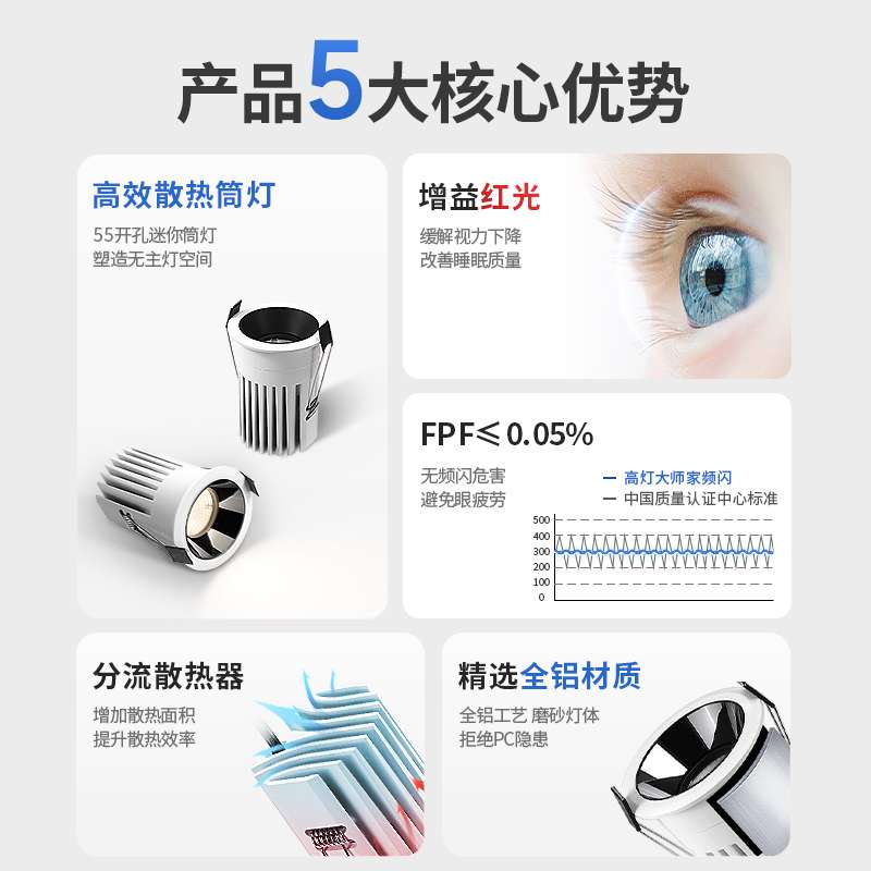 OA5M开孔55迷你小孔径筒灯60度深杯深藏防眩光内嵌式过道灯家用客