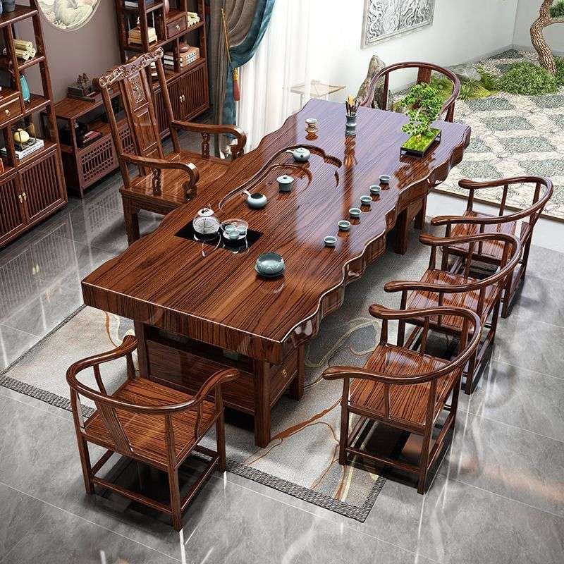 高档雕刻自然边原木实木大板茶桌椅组合家用茶台一整套茶几泡茶