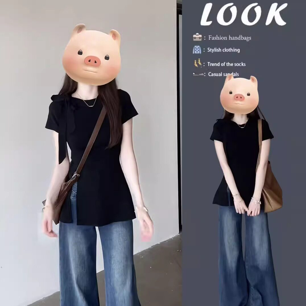 时尚洋气穿搭女款小众独特蝴蝶结开叉短袖T恤阔腿牛仔裤两件套装