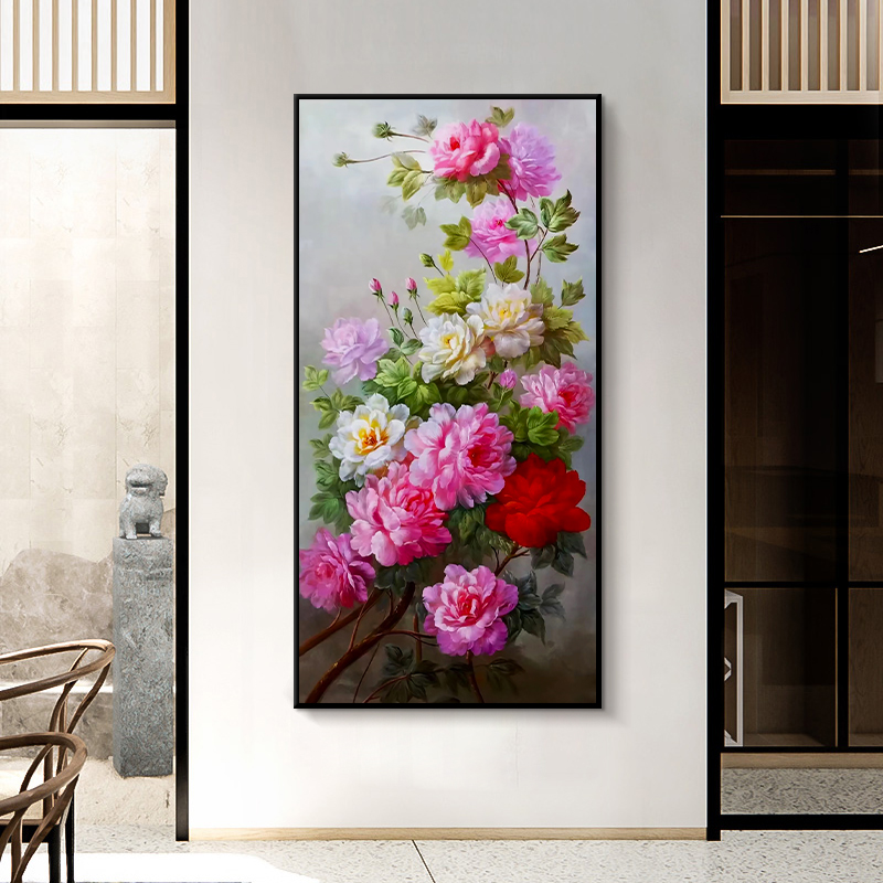 新中式玄关装饰画牡丹花入户走廊纯手绘油画立体竖版书房客厅挂画图片