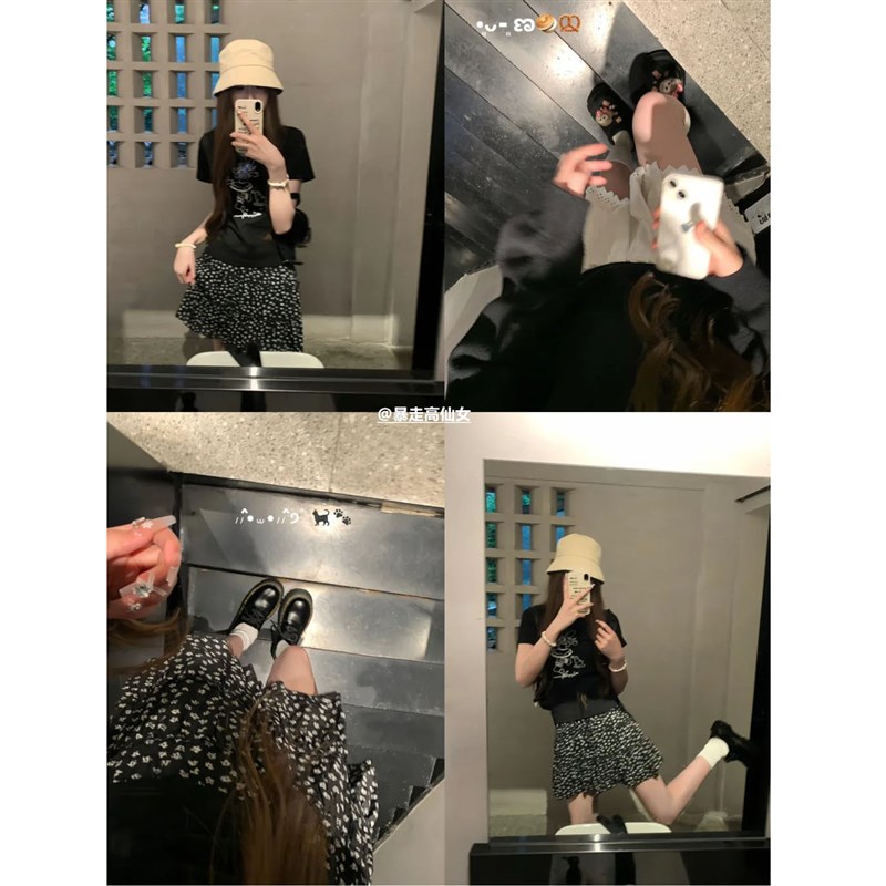 175高个子黑色碎花短裙女夏季高腰a字显瘦半身裙芭蕾风波点蛋糕裙