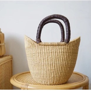 非洲进口手工编织象草手提购物篮收纳果篮度假草编包