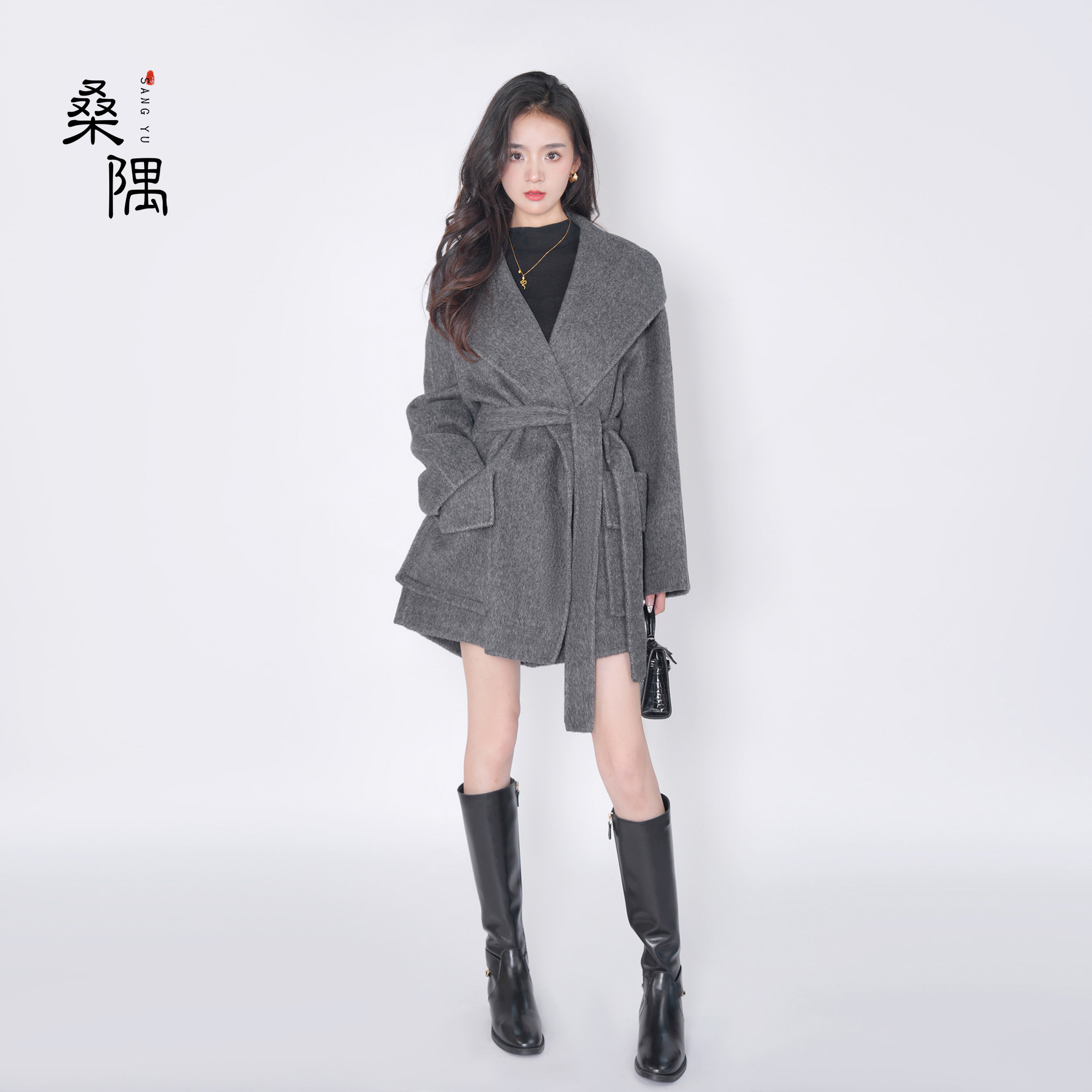 秋冬羊毛双面呢大衣中长款