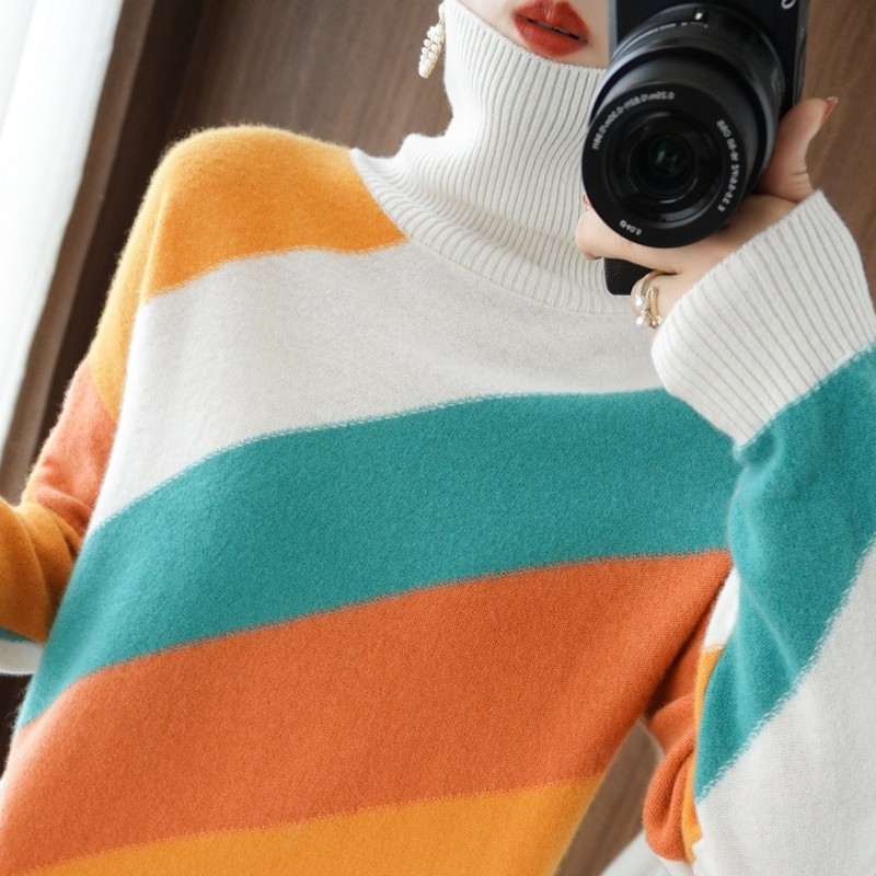 2021秋冬新款斜纹撞色高领羊毛衫女宽松样衣外穿百搭毛衣套头内搭