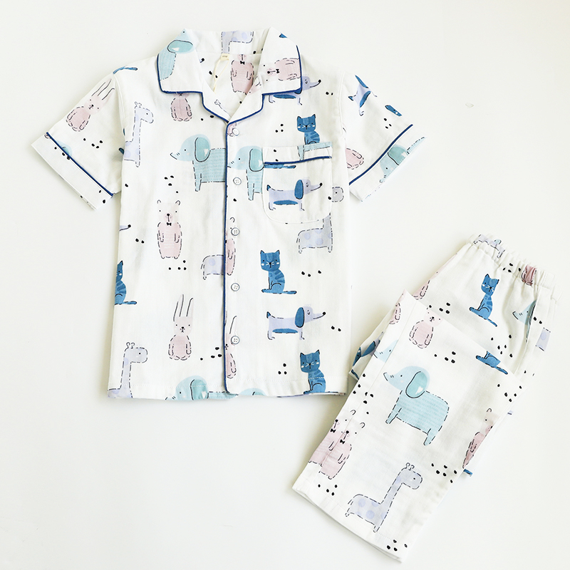 夏季儿童男孩纯棉纱布短袖睡衣套装小中大男童学生薄款全棉家居服