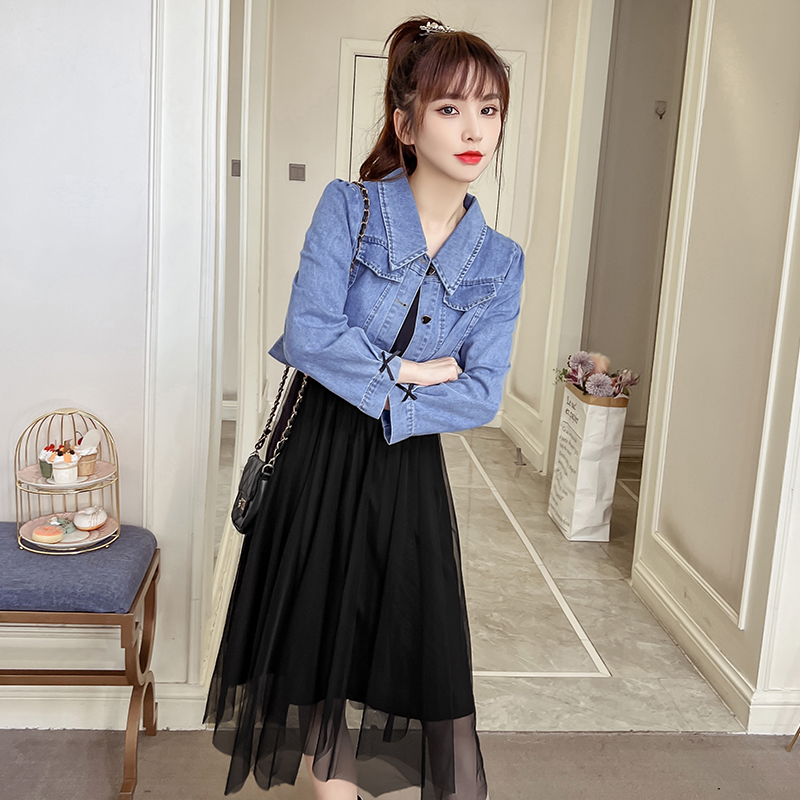 150小个子洋气套装网纱连衣裙搭配牛仔外套春155穿搭时尚两件套xs