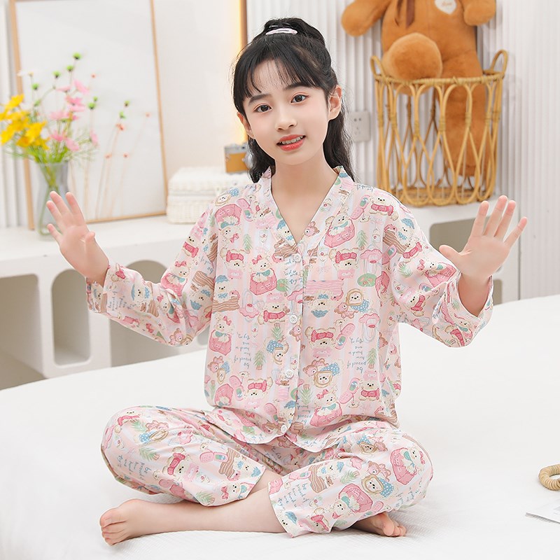 夏季女童长袖长裤棉绸睡衣套装宝宝开衫夏天绵绸家居服儿童空调服