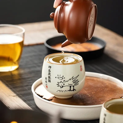 汝窑神鸟凤凰图茶杯主人杯个人专用罗汉杯开片陶瓷茶碗品茗杯