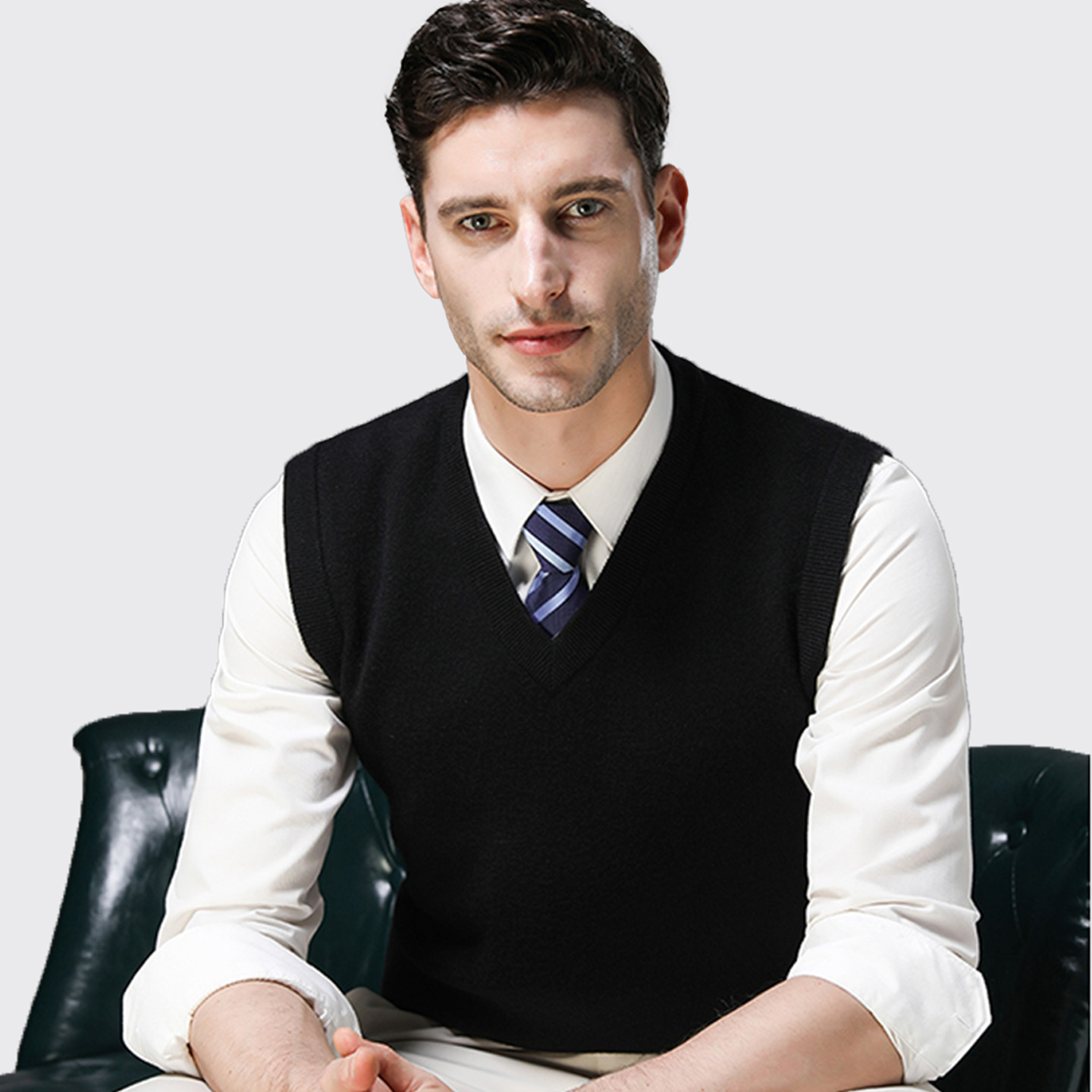 杉杉V领毛领背心马甲针织爸爸装