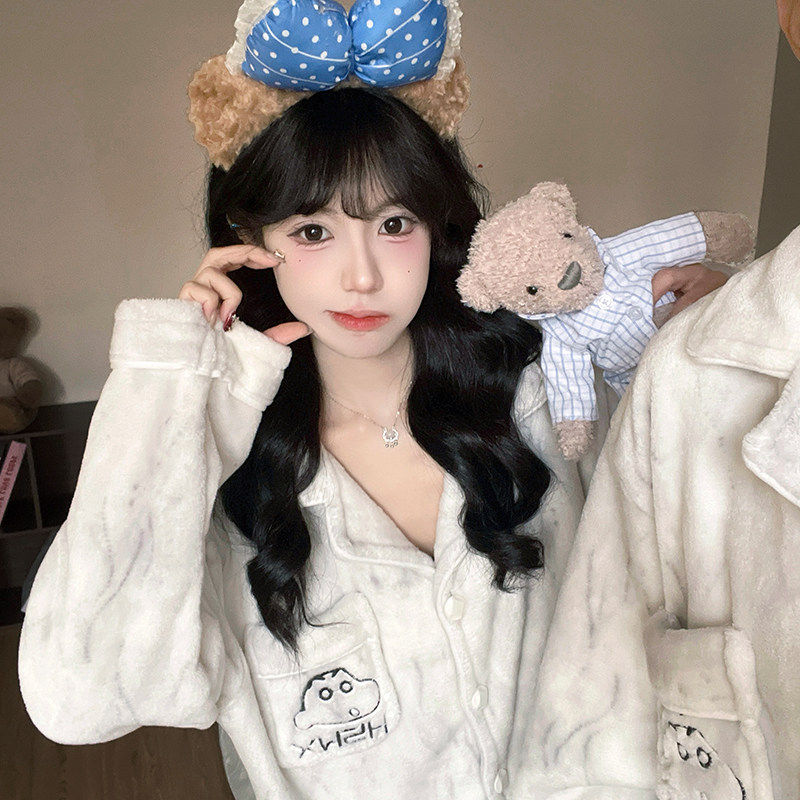 蜡笔小新情侣睡衣女冬季珊瑚绒加绒加厚男士法兰绒家居服套装冬天