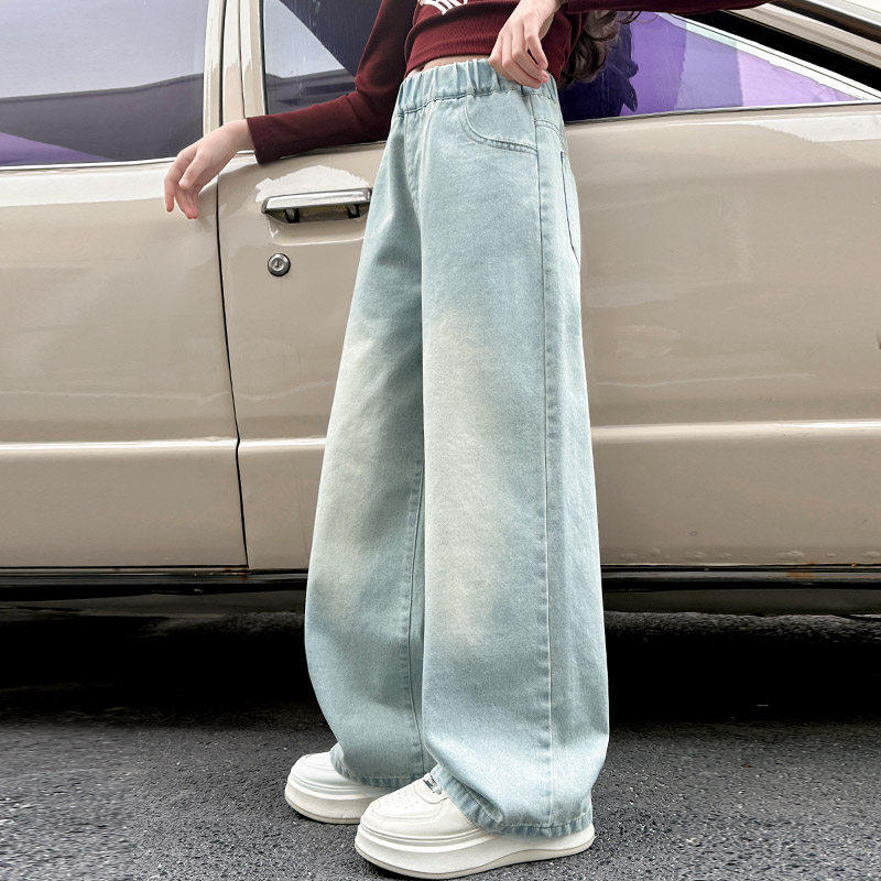 女童裤子夏季薄款2025新款儿童直筒牛仔裤大童初中生春秋阔腿长裤