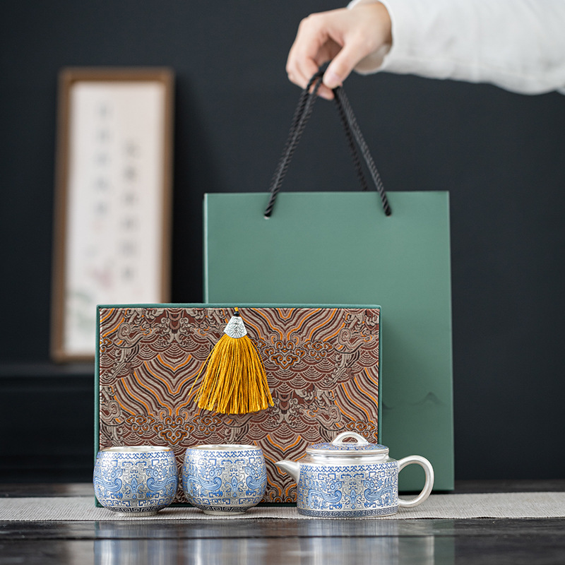 高档正品鎏银茶具套装天命玄鸟一壶两杯礼盒装复古精美送礼茶具