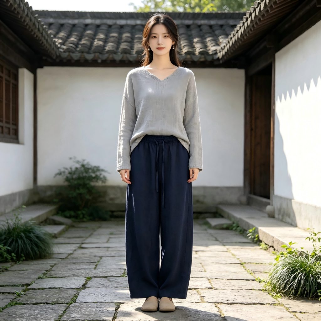 松紧腰女款汉麻弯刀裤亲肤透气有型休闲裤