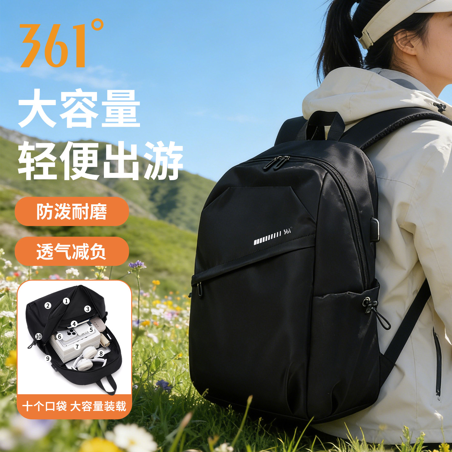 361°双肩包女旅游轻便出差旅游书包男笔记本电脑背包大容量通勤