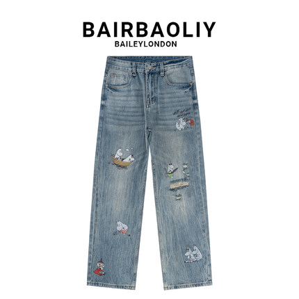BAIRBAOLIY时尚卡通印花破洞牛仔裤男士夏季做旧水洗宽松直筒长裤