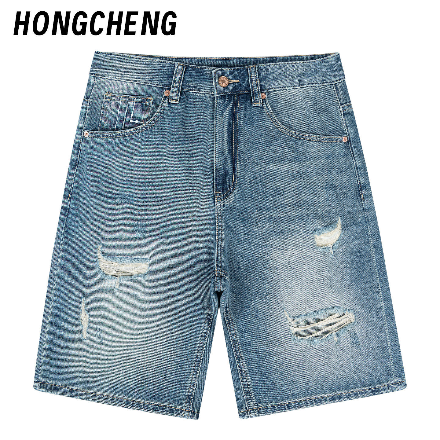 HONGCHENG美式休闲复古破洞牛仔短裤男士春夏新款水洗直筒五分裤