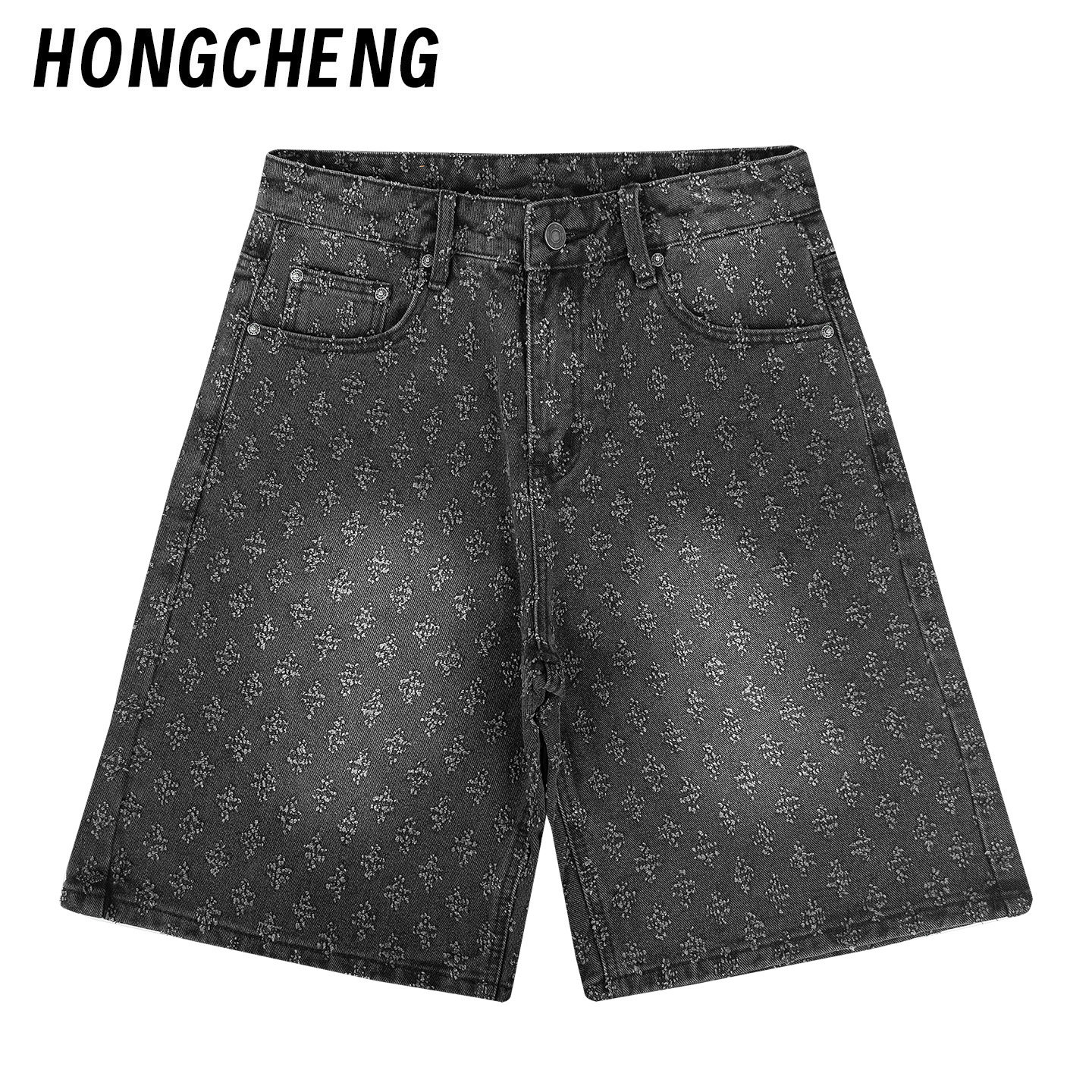 HONGCHENG美式满印提花黑色牛仔短裤夏季新款复古休闲五分裤男款