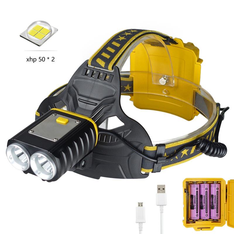 新款2*P50大功率头灯USB充电户外头灯LED防水头戴式手电筒