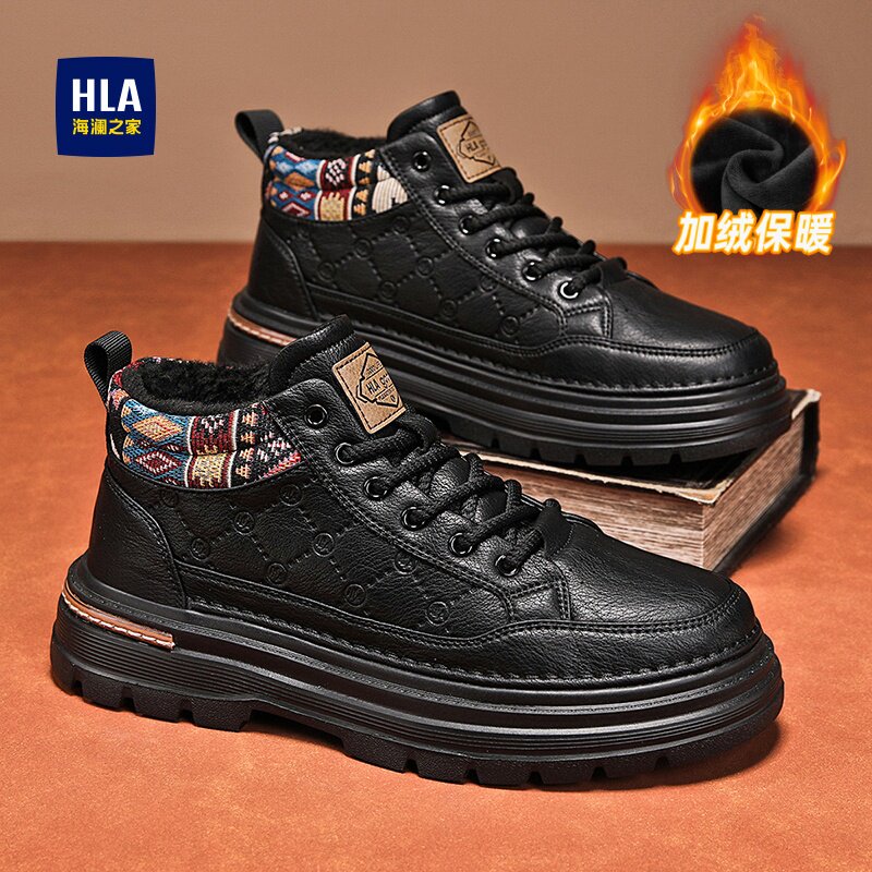 海澜之家黑色皮面中帮工装鞋男鞋2026春季新款厚底加绒保暖大棉鞋