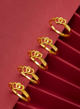 金店同款沙金仿真金心心相依戒指女高级感开口可调节送女友礼物