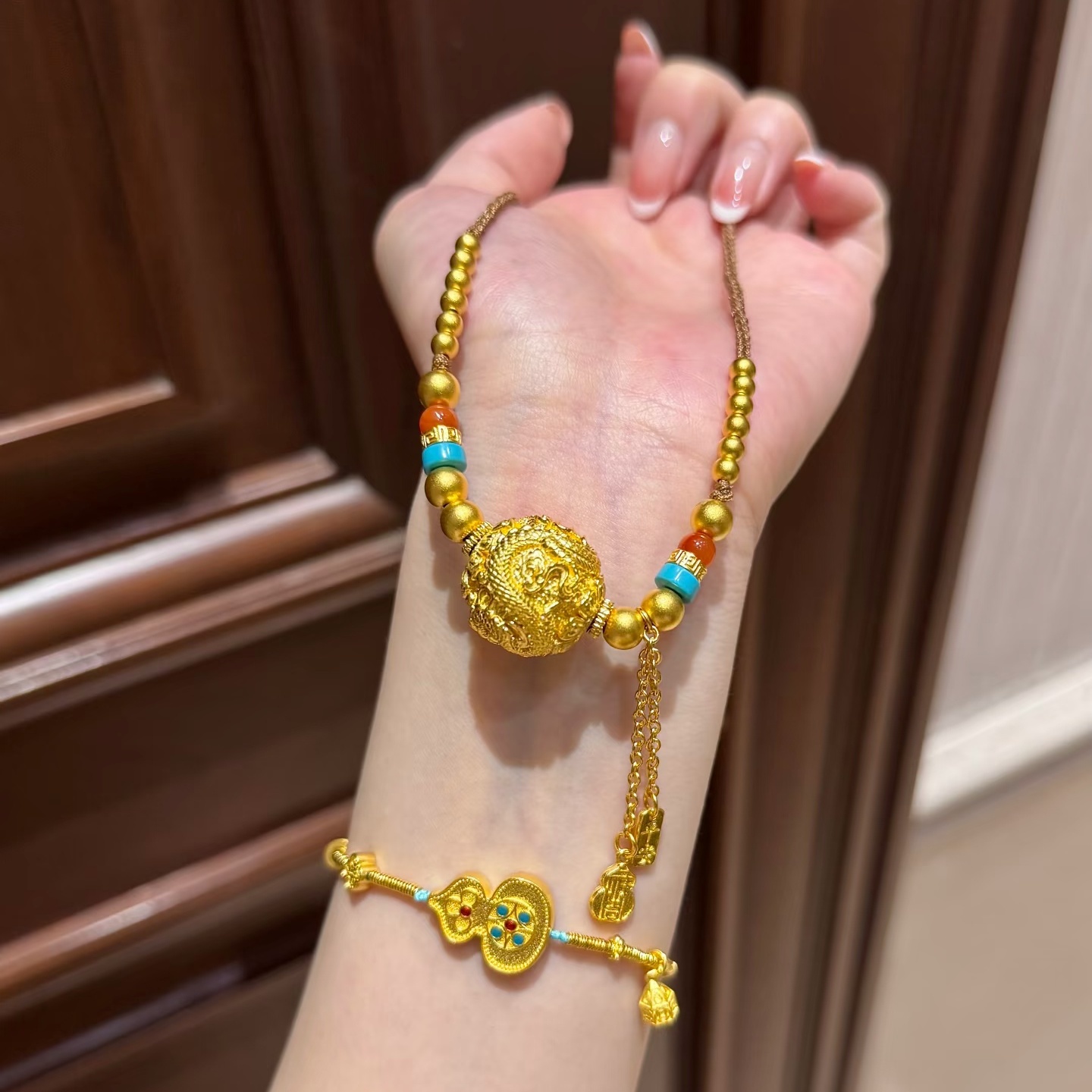 卡纯诗金店同款沙金仿真金玫瑰龙珠圆珠项链女高级感毛衣链送女友