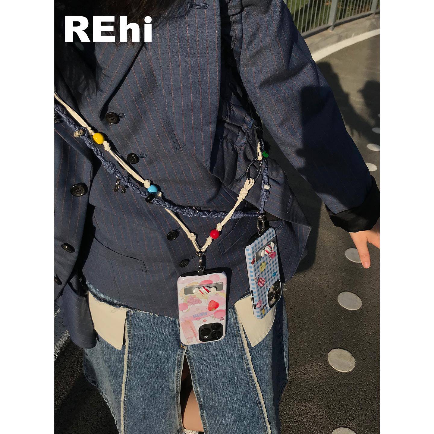 REhi 串串硬糖手机挂绳原创编织牛仔绳PU挂绳趣味串珠背绳