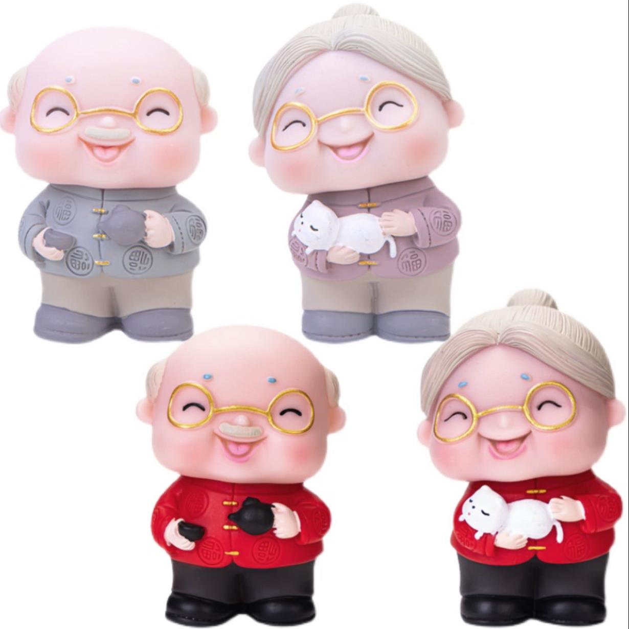 烘焙蛋糕装饰慈祥茶壶猫咪老爷爷老奶奶摆件蛋糕装扮老人祝寿生日