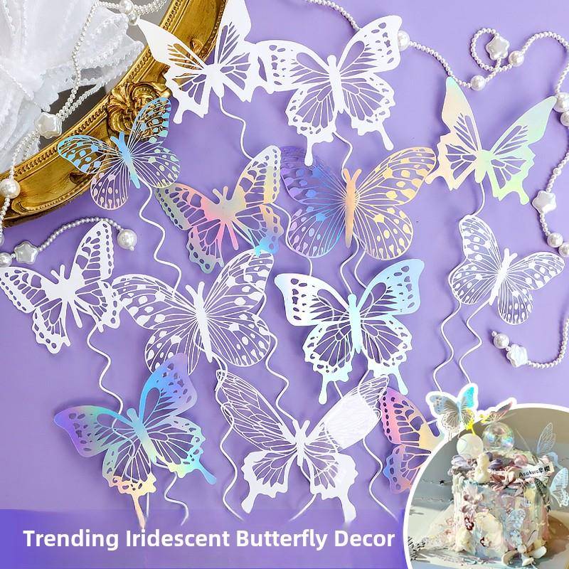 蝴蝶蛋糕装饰插件立体白色幻彩摆件网红ins女神生日甜品烘焙插牌