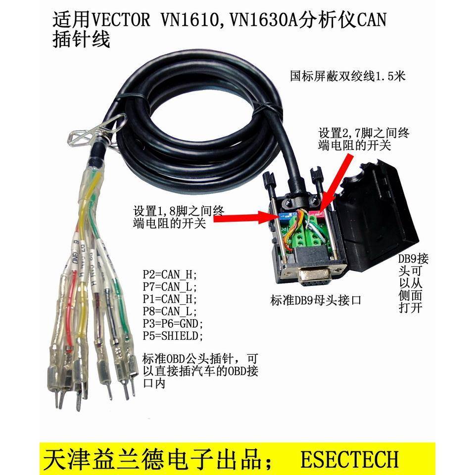 VN1610, VN1630A适用，CAN分析仪配线 线，内置拨码电阻，带OBD端
