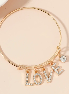 欧美ins微镶锆石love字母手镯 复古简约合金开口手环学生闺蜜礼物